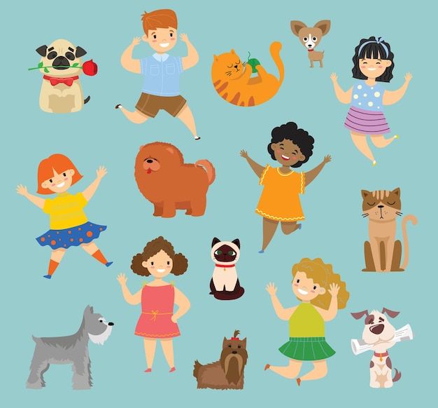 Иллюстрация милых счастливых детей со своими домашними животными, собаками и кошками в плоском стиле