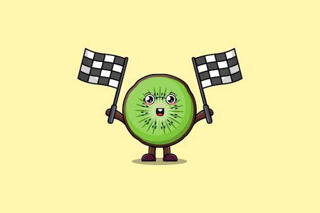 Illustration of cute Kiwi fruit cartoon character holding crossed checkered race flag