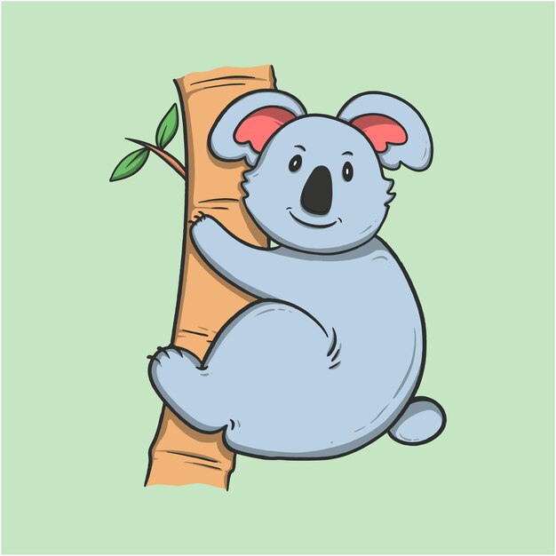 Illustration of a cute koala clinging to a tree branch on a light green background