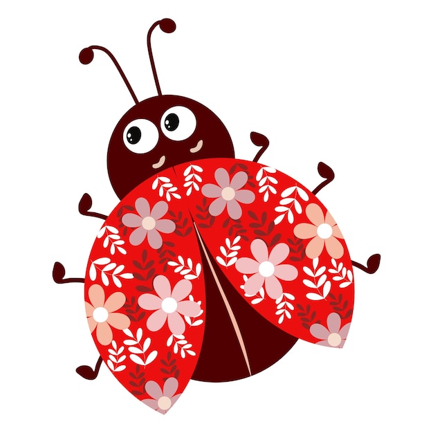 Illustration cute ladybugs with an ornament on the wings leaves and flowers pinkbrown colors