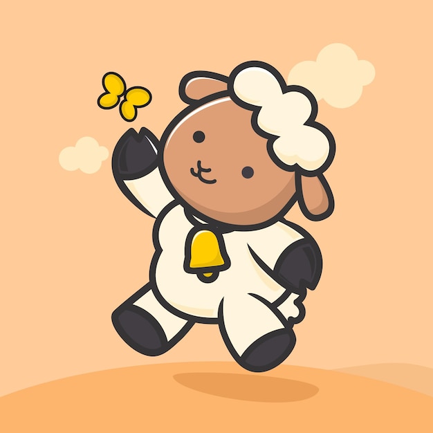 Illustration of a cute lamb play with a butterfly premium vector