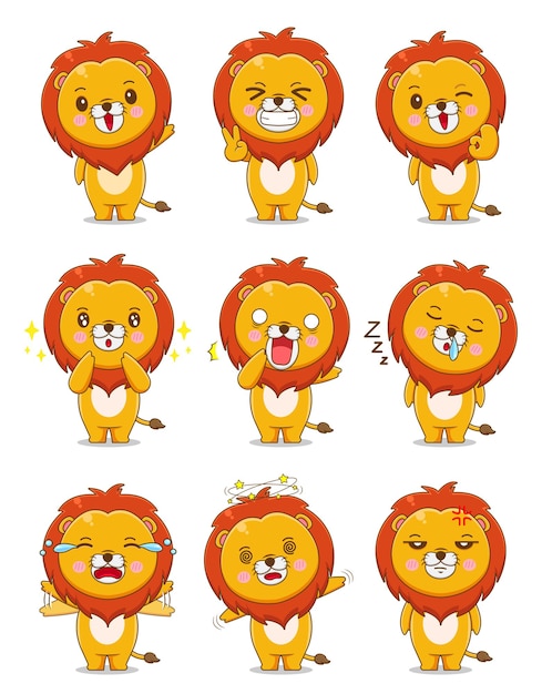 Illustration of cute lion with different expression