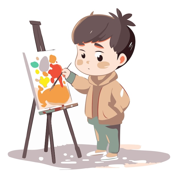 Vector illustration of a cute little boy posing with a painting