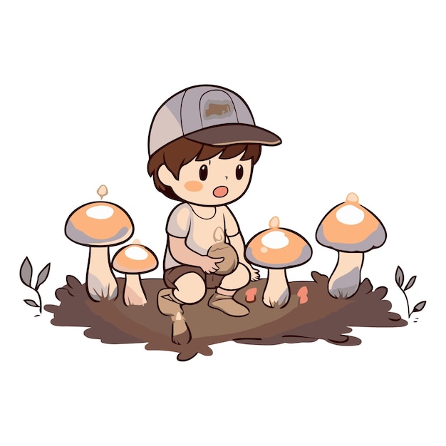 Vector illustration of a cute little boy sitting in the forest with mushrooms