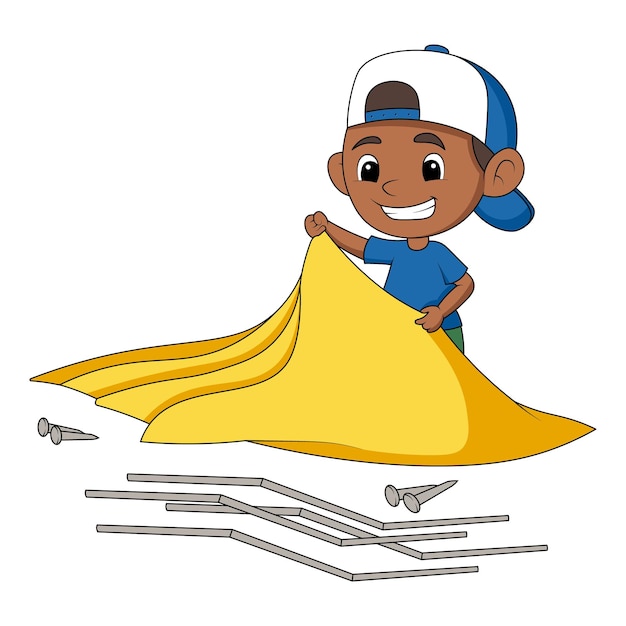 illustration of a cute little boy wearing a cap hat and grinning while setting up a tent