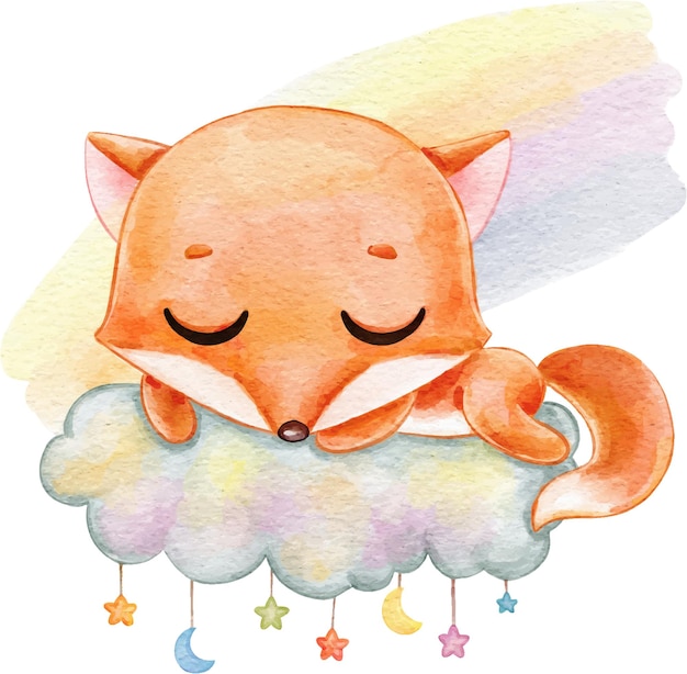 Illustration of a cute little fox sleeping on a cloud next to a rainbow