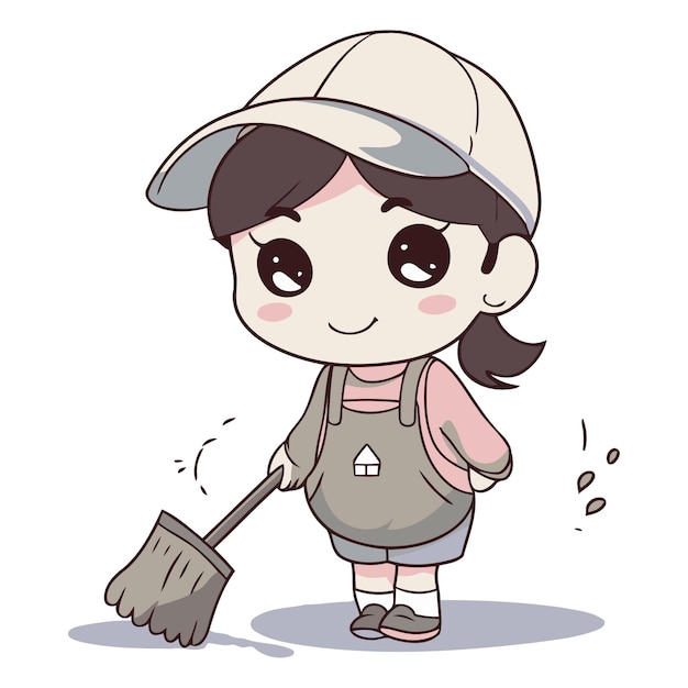 Vector illustration of a cute little girl cleaning the floor with a broom