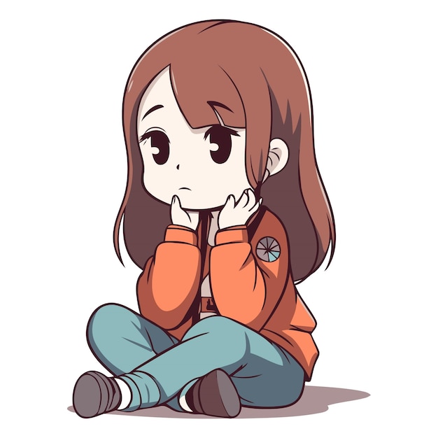 Illustration of a Cute Little Girl Crying While Sitting Down