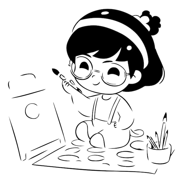 Illustration of a Cute Little Girl Drawing with Paintbrushes