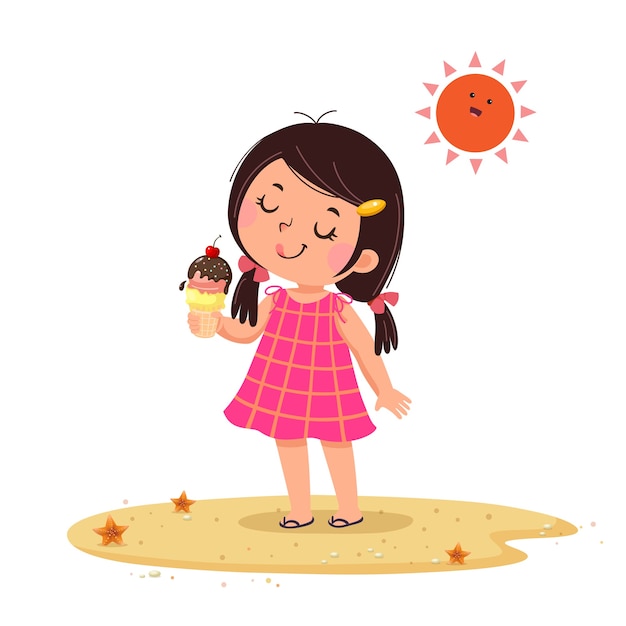 Illustration of cute little girl feeling happy with her ice cream.