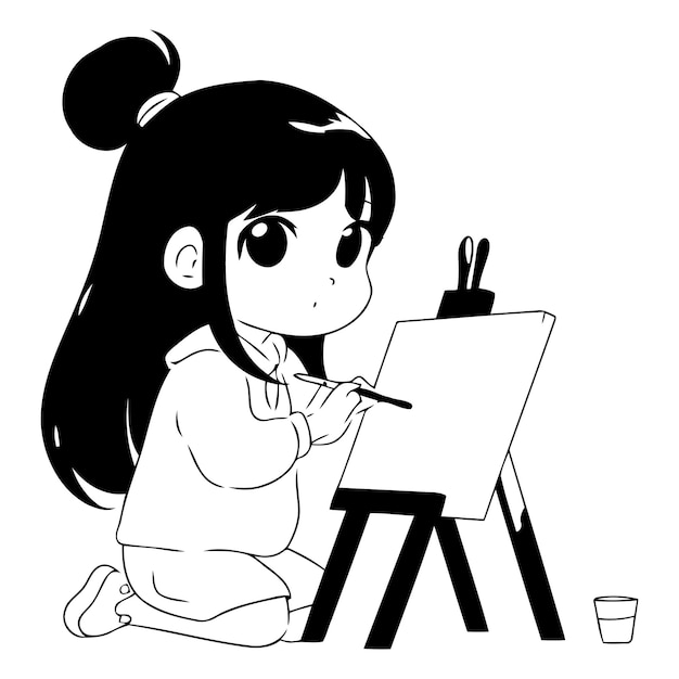 Vector illustration of a cute little girl painting on an easel