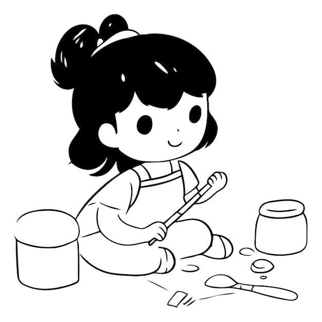 Vector illustration of a cute little girl painting with a paintbrush