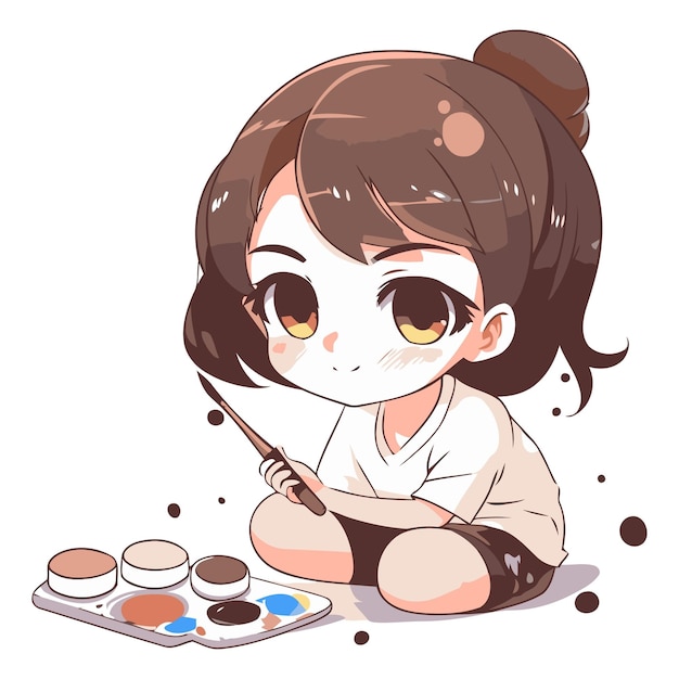 Illustration of a cute little girl painting with a paintbrush