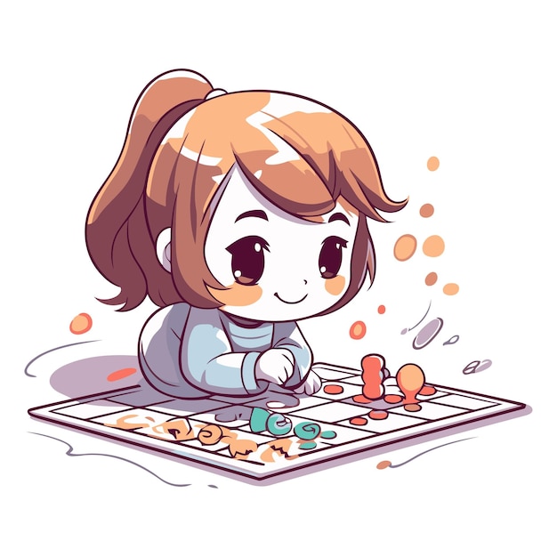 Illustration of a Cute Little Girl Playing Chess with Chess Board