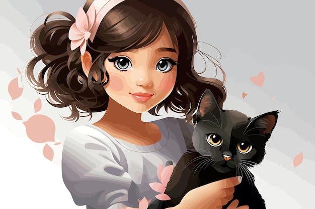 illustration of cute little girl playing with black cat