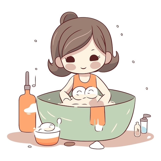 Illustration of a cute little girl taking a bath with her cat
