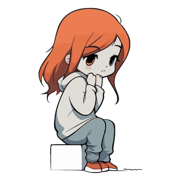 Vector illustration of a cute little girl thinking about something on a white background