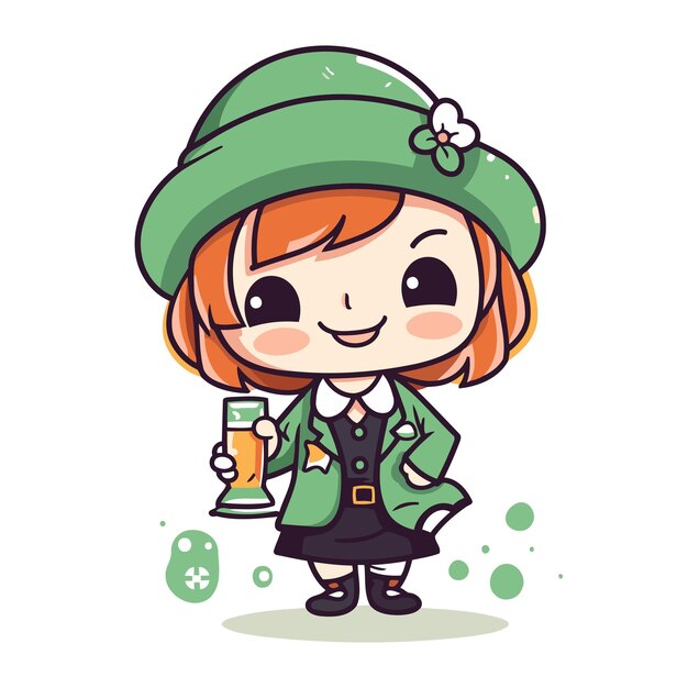 Vector illustration of a cute little girl wearing leprechaun costume holding a glass of beer