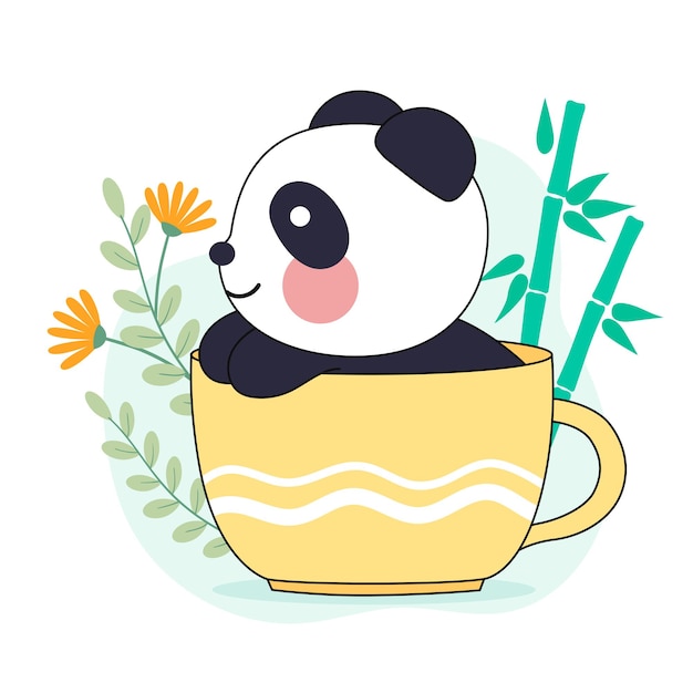 An illustration of a cute little panda in a cup