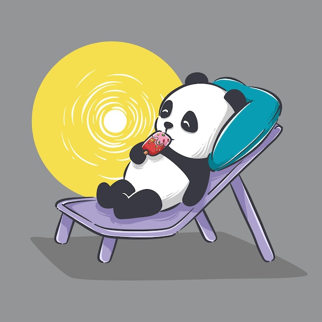 Иллюстрация милой маленькой панды, едящей мороженое и расслабляющей мультфильм