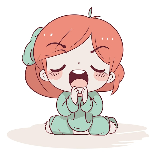 Vector illustration of a cute little red haired girl crying