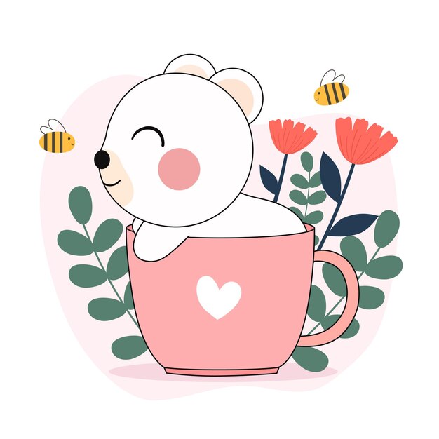 An illustration of a cute little white bear in a cup