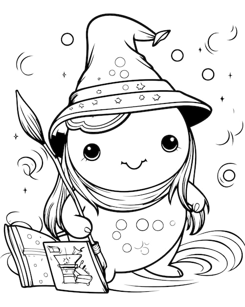 Illustration of a Cute Little Wizard Wearing a Witch Hat