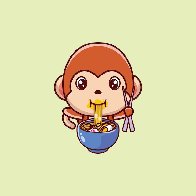 Illustration of cute monkey cartoon mascot eating ramen noodles while standing