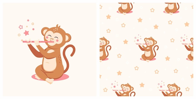 シームレスなパターンでかわいい猿のイラスト。ベビーTシャツプリント、ファッションプリントデザイン、子供服、ベビーシャワーのお祝いの挨拶、招待状に使用できます。