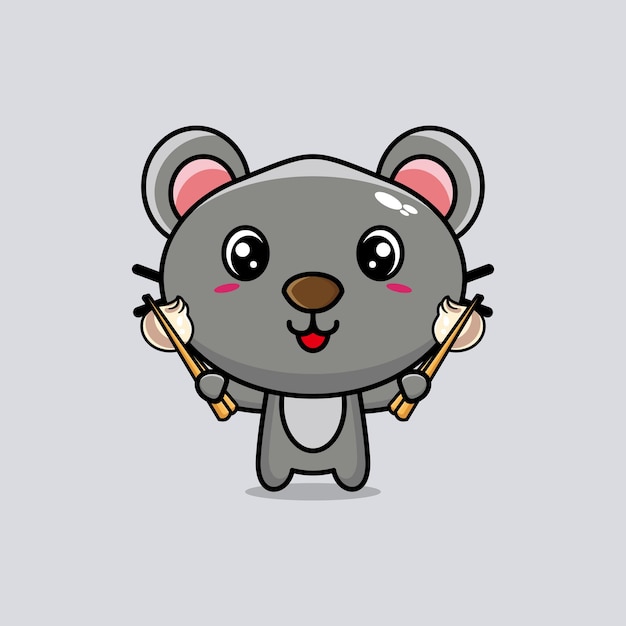 Illustration of cute mouse cartoon mascot is eating dim sum