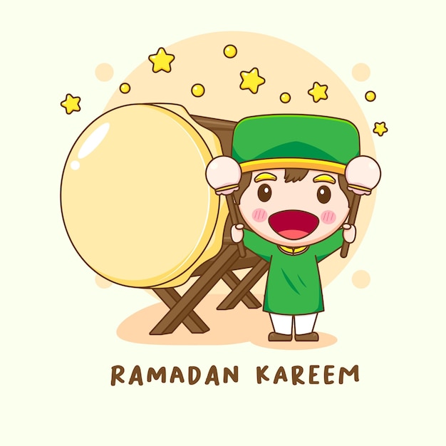 Illustration of cute muslim boy character with bedug or islamic drum