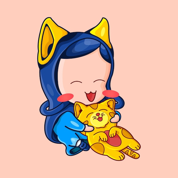 Illustration of cute muslim girl playing with cat