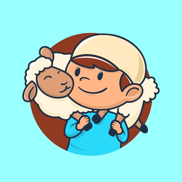 Illustration of cute muslim kid pickaback a cute sheep Premium Vector