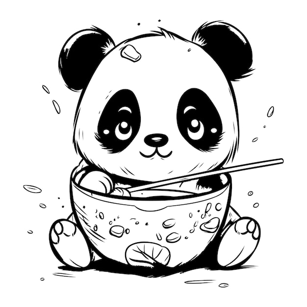 Illustration of a cute panda in a bowl with chopsticks