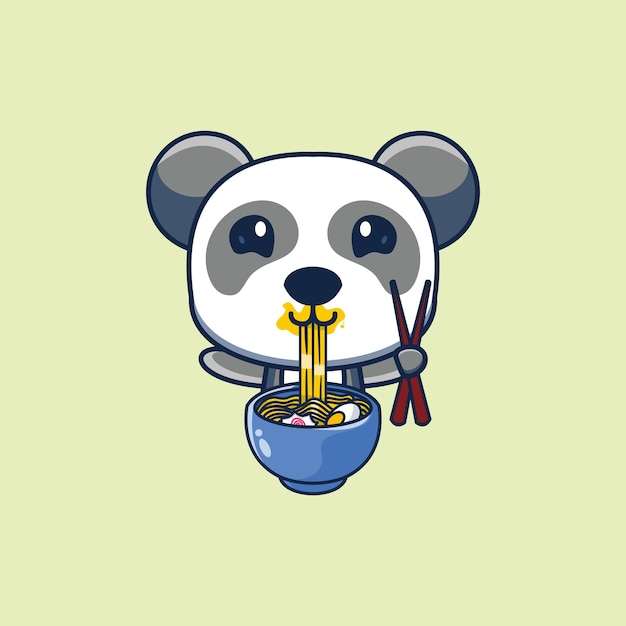 Vector illustration of cute panda cartoon mascot eating ramen noodles while standing