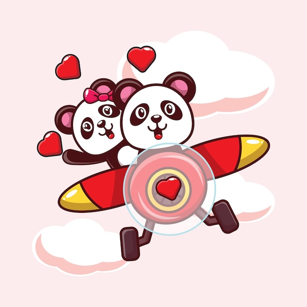 Illustration cute panda falling in love flying with plane