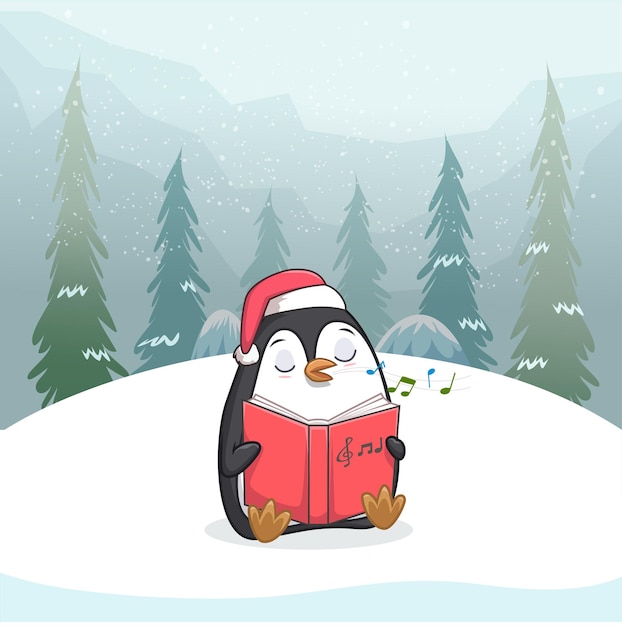 Illustration of a cute penguin sitting with a book in his hand