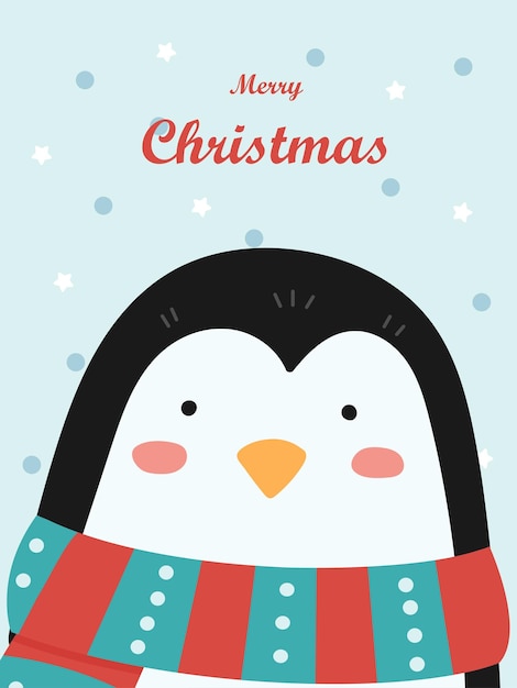 Illustrazione di un simpatico pinguino in una sciarpa a righe vector christmas card