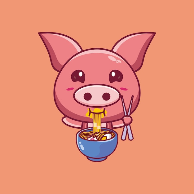 Illustrazione della mascotte del fumetto di maiale carino che mangia ramen noodles mentre si sta in piedi
