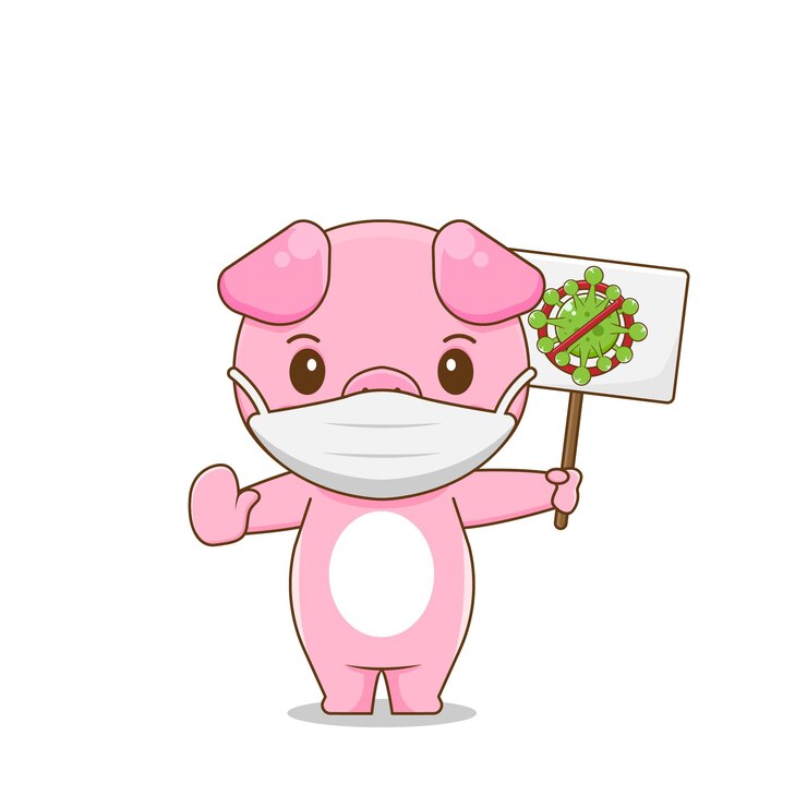 Vector illustration of cute pig fight againts virus