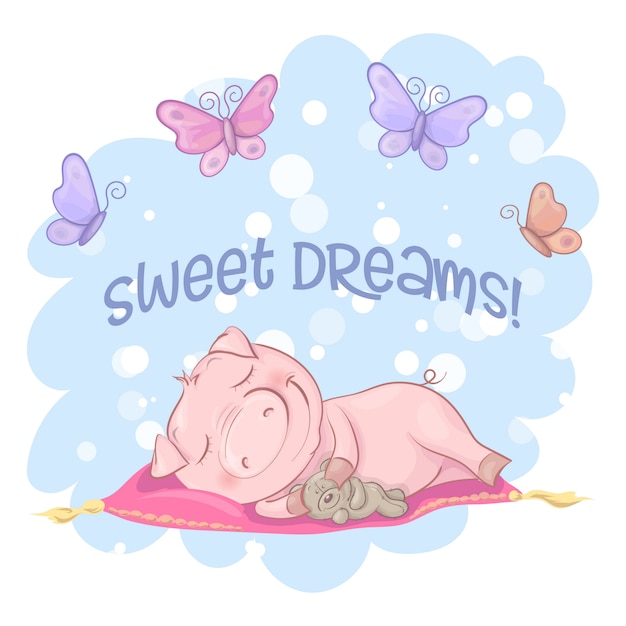 Illustration of a cute pig flowers and butterflies. cartoon style