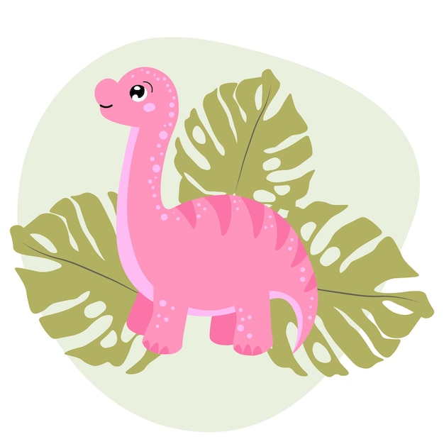 Illustration cute pink dinosaur and tropical leaves pastel colors Childrens print