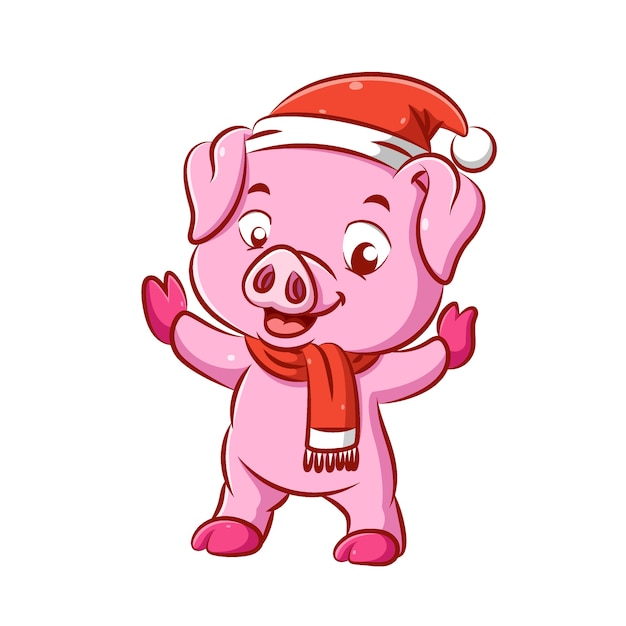 귀여운 핑크 돼지의 일러스트가 크리스마스 모자와 스카프를 사용하여 몸을 춤추고 있습니다.