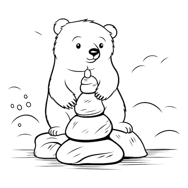 Illustration of a cute polar bear sitting on a rock and holding a bottle