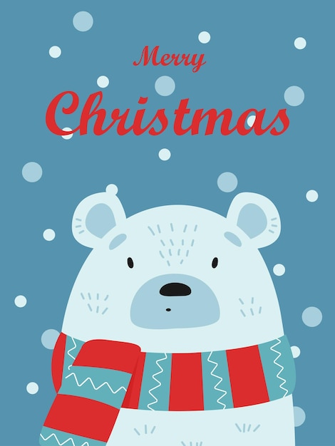 Illustration of a cute polar bear in a striped scarf Vector Christmas card