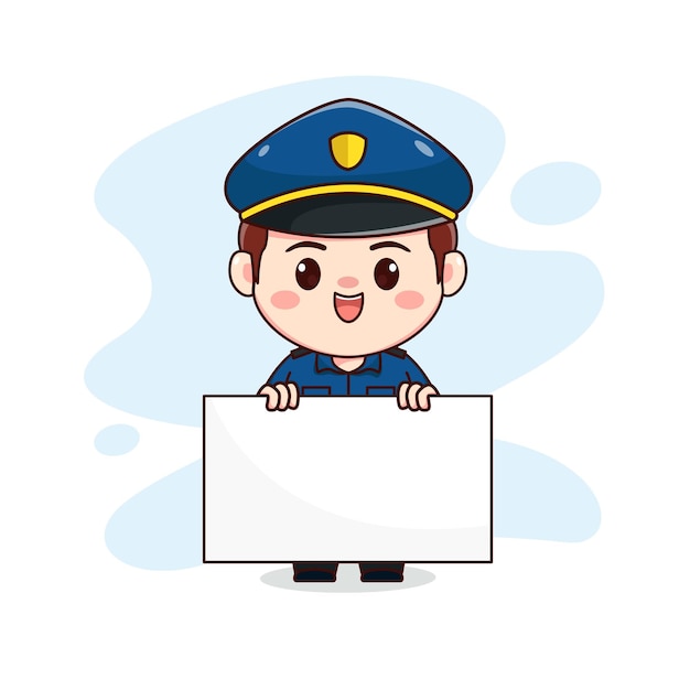 Illustration of cute policeman holding blank board kawaii chibi cartoon character design