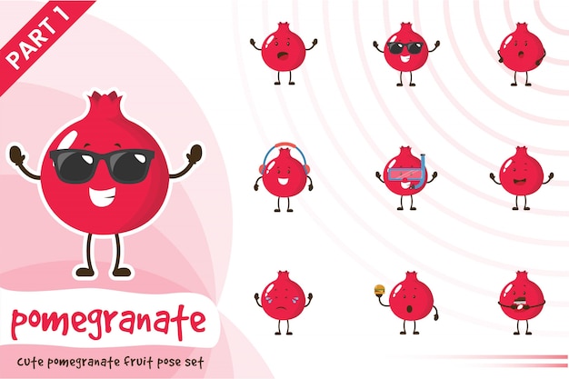 Illustration of cute pomegranate fruit set