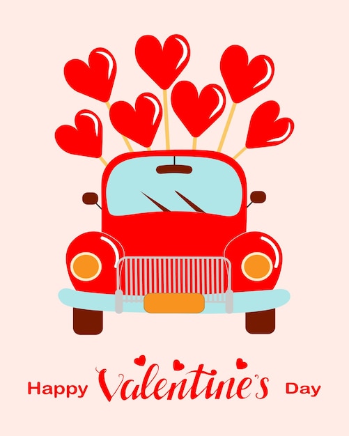 Vector illustration cute red car carries candy in the shape of hearts print for valentines day wedding