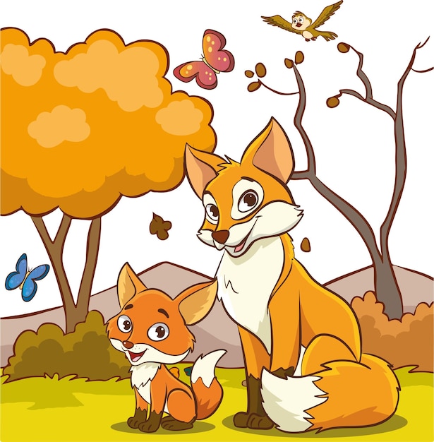 Illustration of a Cute Red Fox and a Little Fox in the Forest