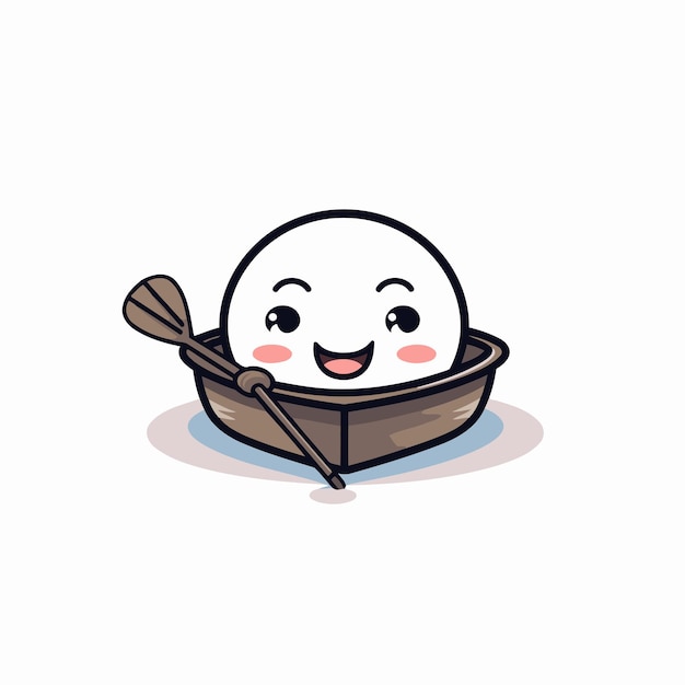 Illustration of a cute rice ball floating on a wooden boat